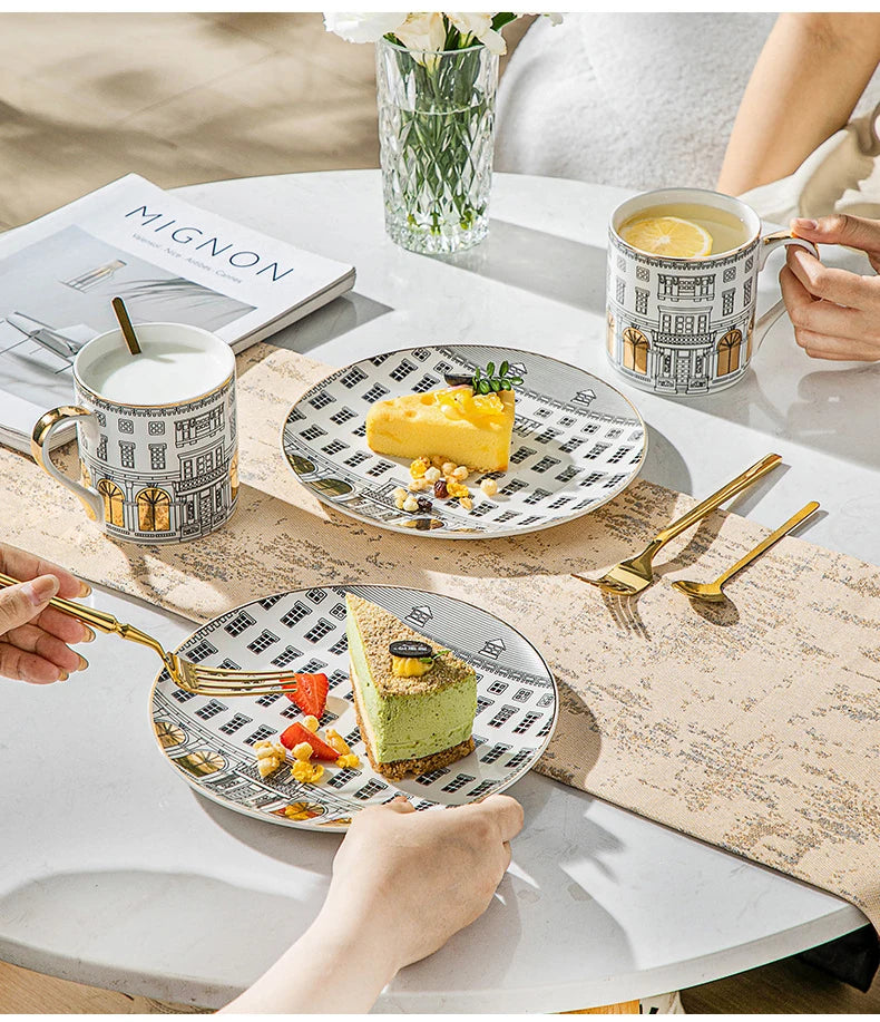 European-style Roman Architecture Ceramic Disc Coffee Cup Snacks Main Course Plate Kitchen Tableware Coffee Mug Storage Tray.