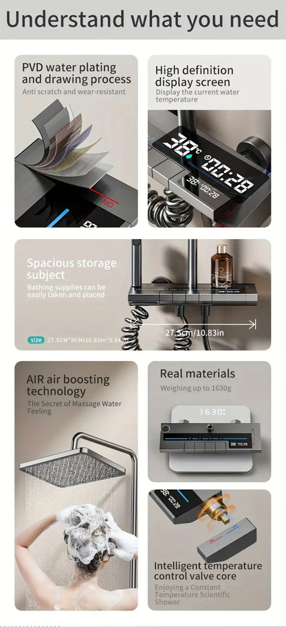 Bathroom Luxury Shower System with Tempered Glass Piano Key Smart Digital Display Thermostat Mixer Shower Faucet Full Set