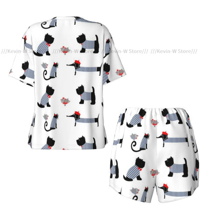Damen-Pyjama-Set, kurzärmelig, französischer Pariser Dackel, Katzen-Nachtwäsche, Loungewear für Sommer-Nachtwäsche.