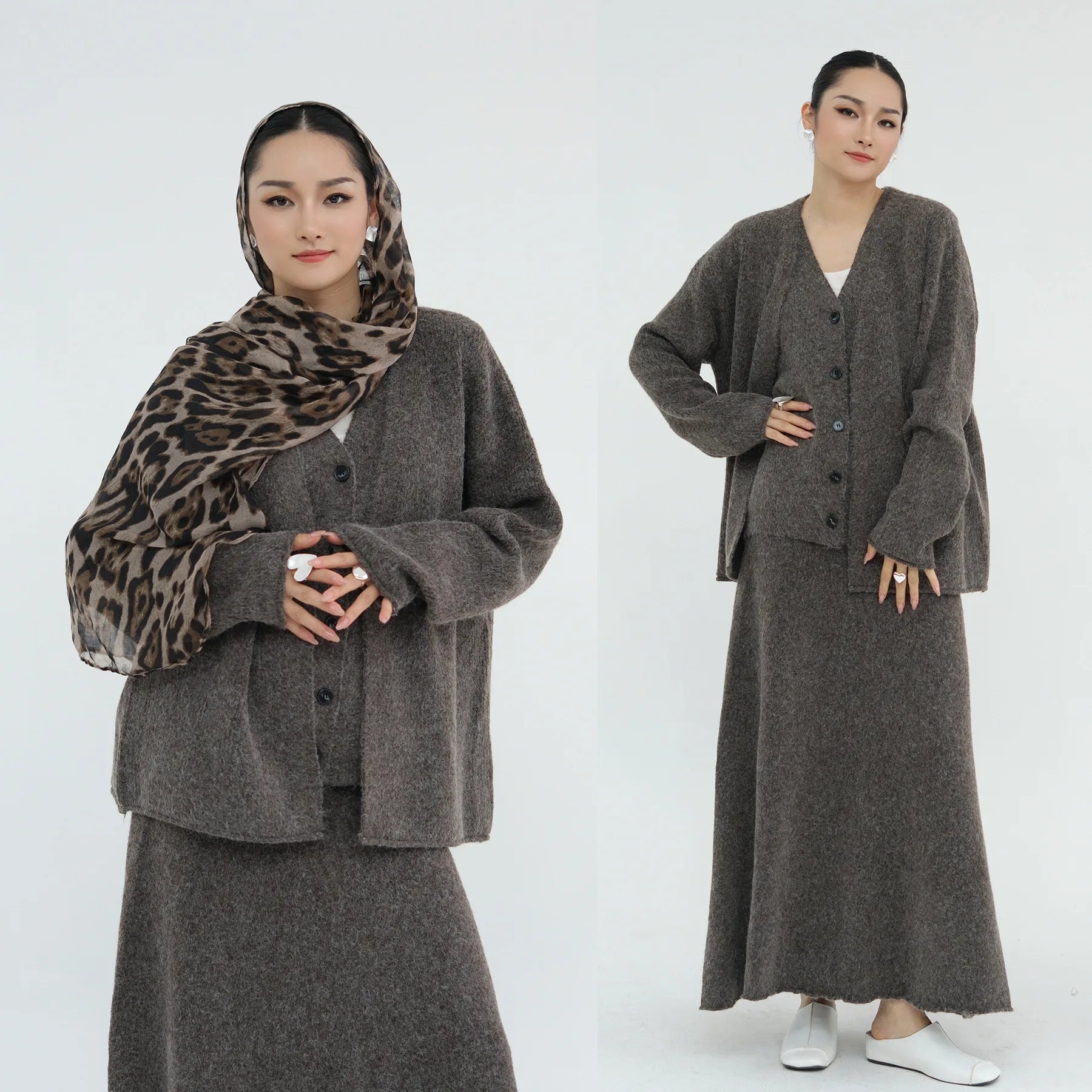 Winter Knitted Wool Cotton 3 Piece Abaya Set + Hijab Daily Thick Warm Modest Muslim Women Islamic Wholesale Suit Abaya.