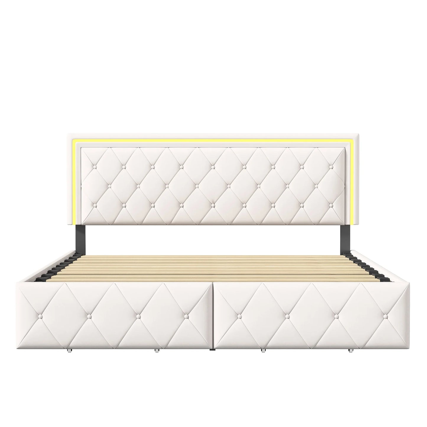 Lazyspace PU-Polsterbett, weißes Einzel- und Doppelbett mit Lattenrost, Holz, mit 4 Schubladen und LED-Kopfteil