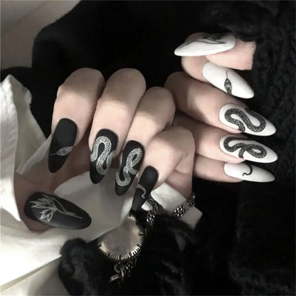 24pcs/set Long Stiletto Fake Nails Punk Snake Pattern Black White Matte False Nails Artificial Full Nail Tips Manicure Tools.