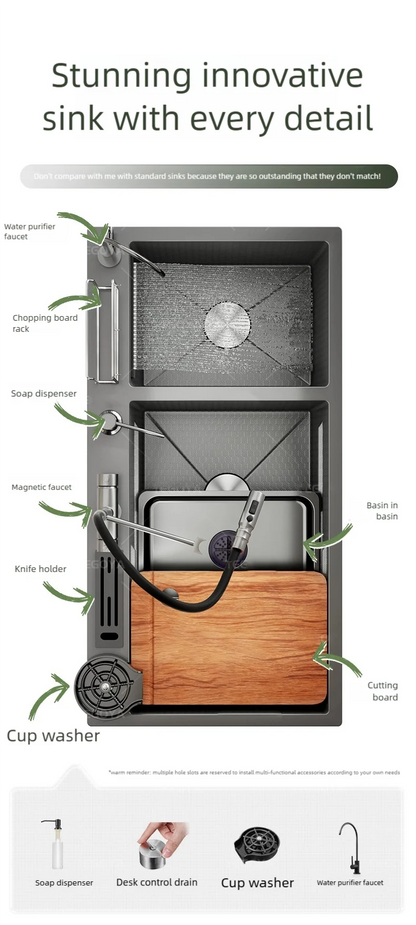 Waterfall Kitchen Sink Stainless Steel Large Double Slot With Chopping Board Rack Knife Holder Multifunctional Dishwash Basin