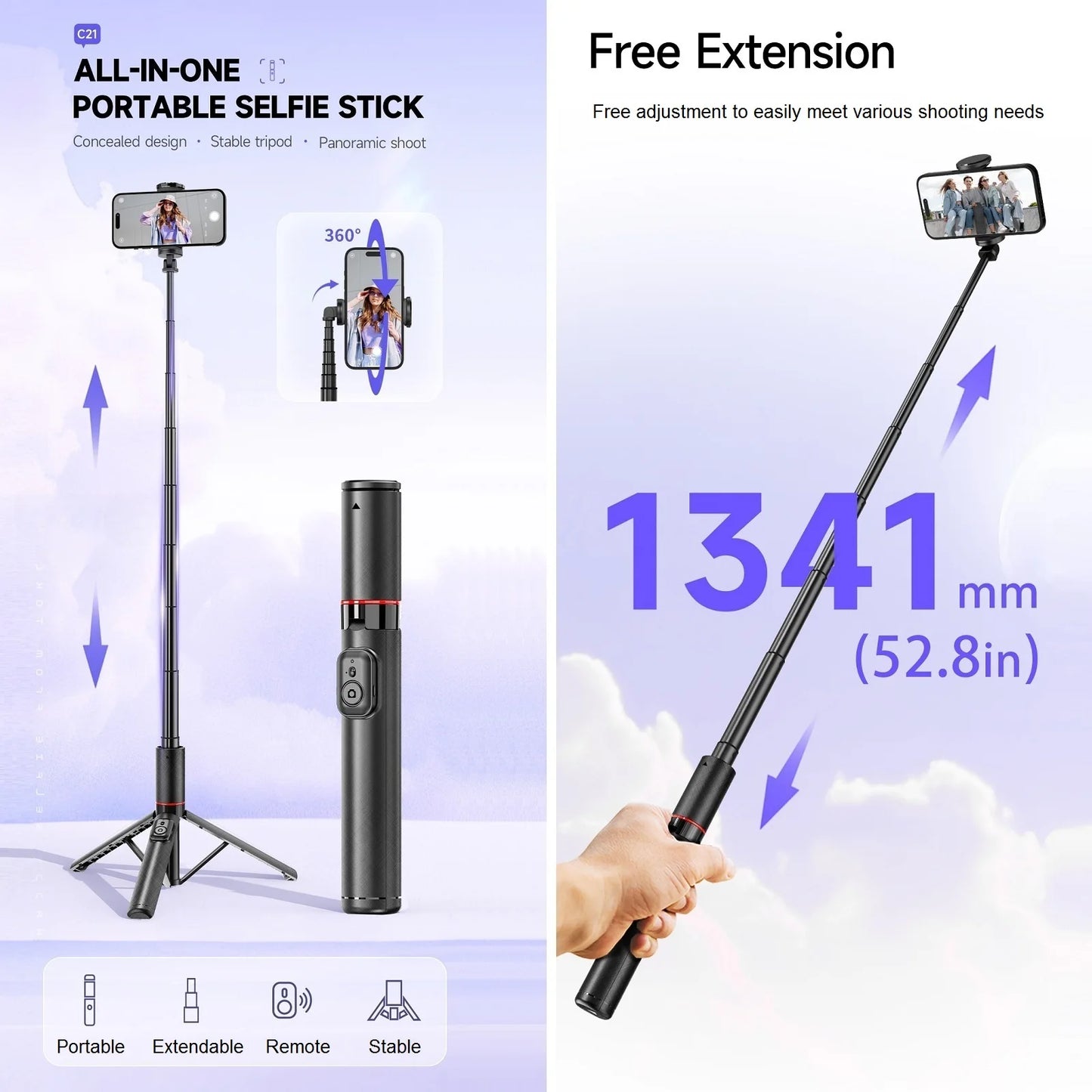 Selfie Stick for iPhone Phone 52" Wireless Selfie Stick Tripod Stand with Remote for Cellphone Video Recording Travel Vlog.