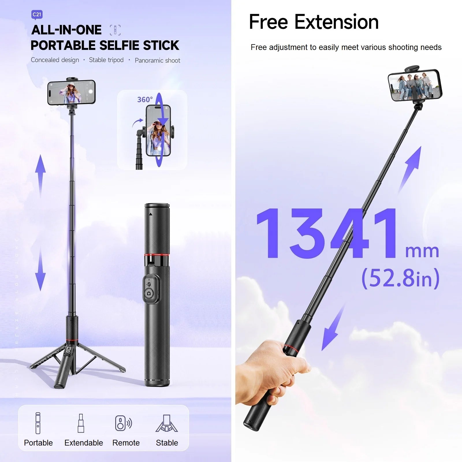 Selfie Stick for iPhone Phone 52" Wireless Selfie Stick Tripod Stand with Remote for Cellphone Video Recording Travel Vlog.