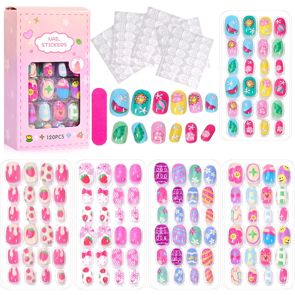 120Pcs Children's Press on Nails Kids Cartoon Acrylic Fake Nails Tips Kawaii Girl Full Cover Short False Nails With Jelly Glue#@.