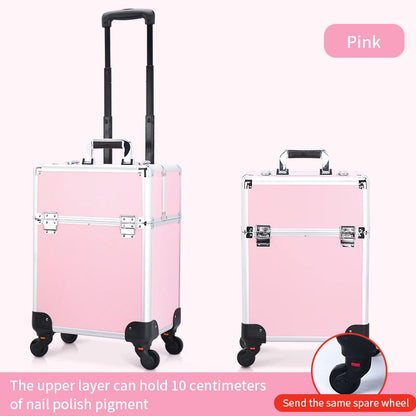 TravelRolling Makeup Train Case Large Capacity Cosmetic Trolley, Aluminum Professional Travel Case with Key