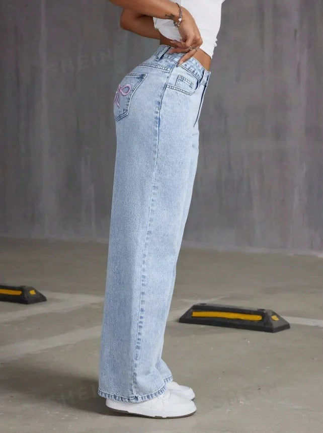 Jean Straight Pants Women Denim Washed Jeans Full Length Mom Embroidery Pockets Loose High Waist Vintage Zipper Fly Spliced.