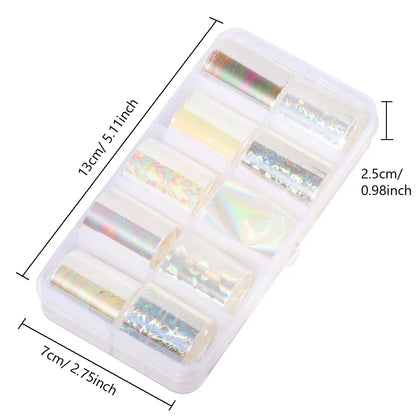 10pcs Holographic Nail Foil Set 2.5x100cm Gradient Transparent AB Color Transfer Stickers for Manicure Nail Art Decals.