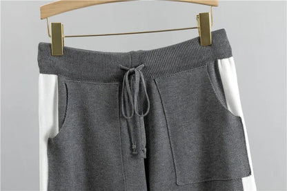 2024 herbst Runway 2 Stück Set Gestrickte Langarm Pullover Pullover Casual Patchwork Mode Frauen Tops und Hosen Anzüge Frühling