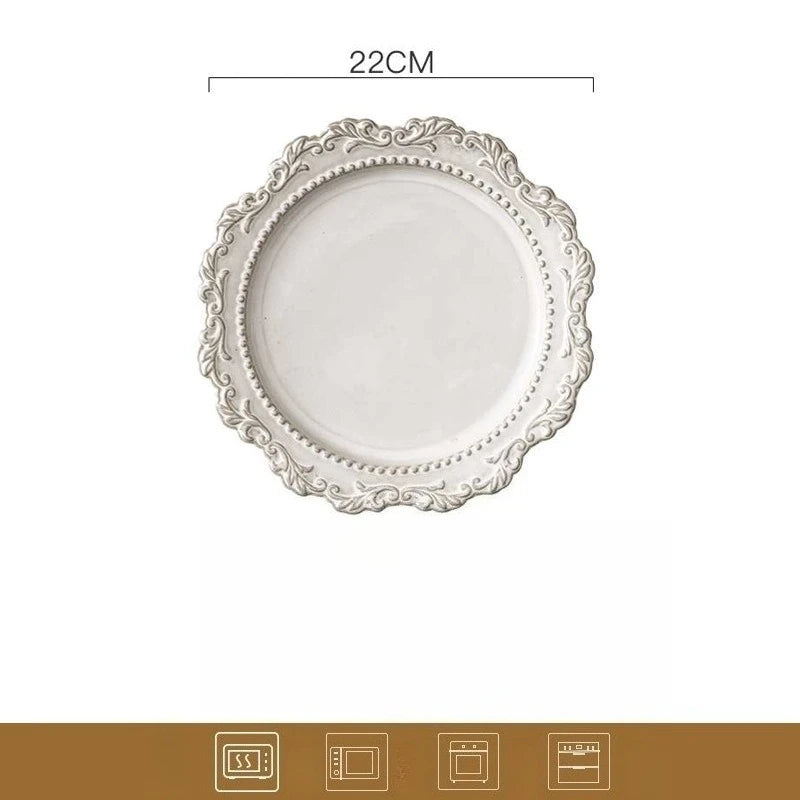 French Baroque Retro Relief Court Style Ceramic Dinner Plate European Tableware Western Food Plate Soup Plate Bowl Set.