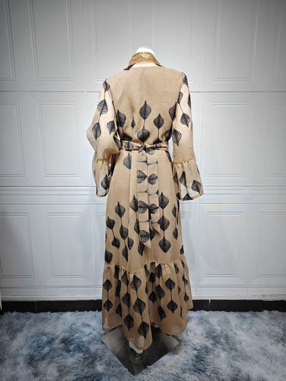 Khaki Sequined Dubai A Line Evening Dress Muslim Long Sleeves Two Pieces Women Wear Fast Shipping Dancing Party Prom Gown.