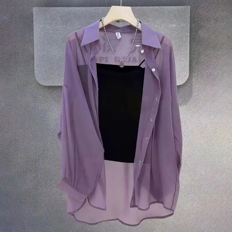 Sheer Chiffon Shirt Women's Casual UV Resistant Cardigan Summer Thin Commuting Coat Japanese Fashion Mesh Sunscreen Clothing Y2k.