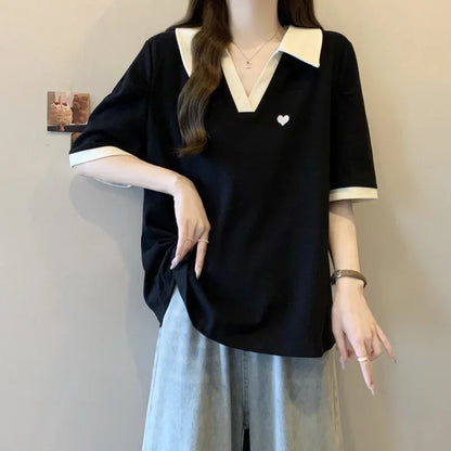 Plus Size Slimming Embroidered Polo Shirt plus Size American Style Base Layer T-Shirt College Fashion Anti-Aging Big MM Cotto....