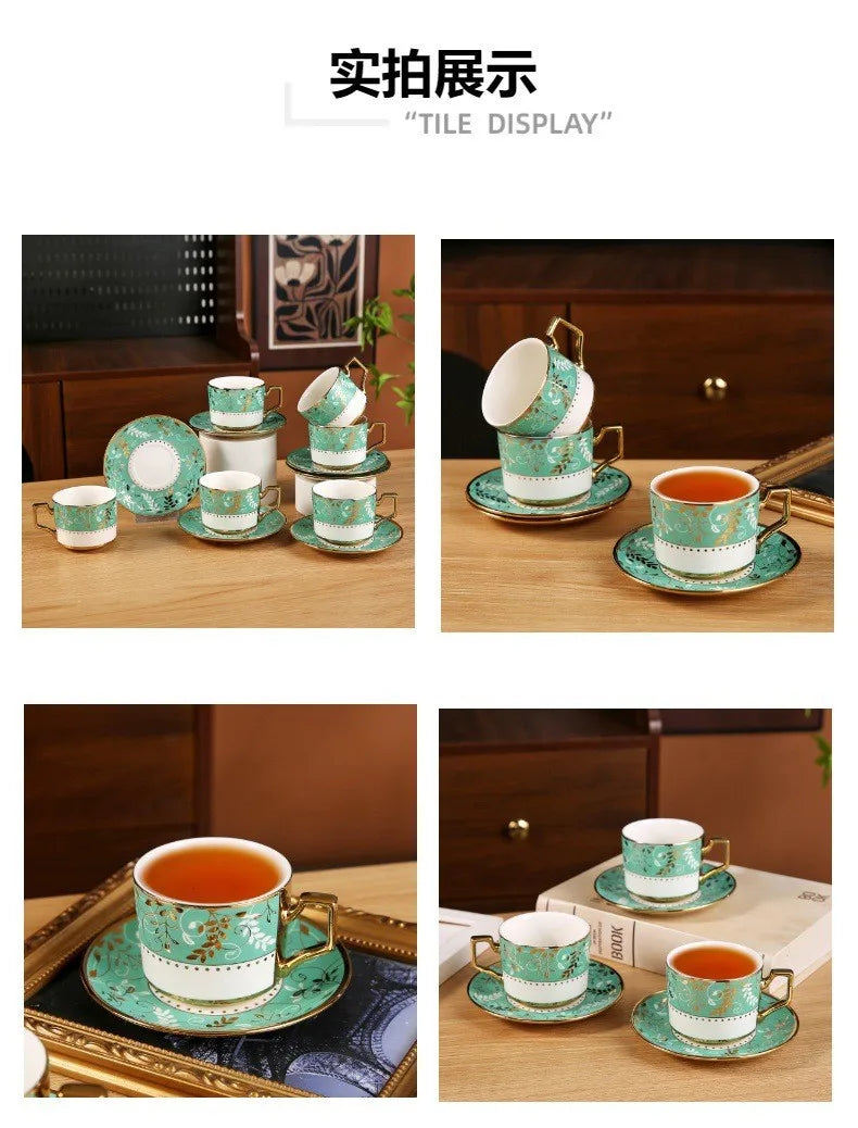 French light luxury retro ceramic coffee cup and saucer set, household tableware, six cups and six saucers, gifts.