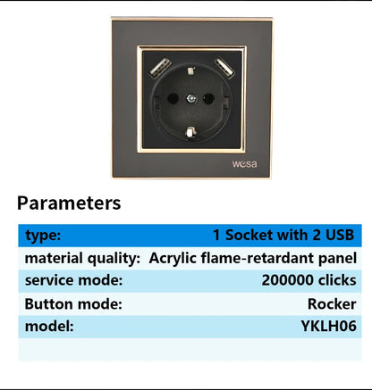 WESA Schwarze Spiegel-Acryl-Steckdose mit 2 USB-Steckdosen nach EU-Standard, Standard-Erdungsstecker, Steckdose, flammhemmend.