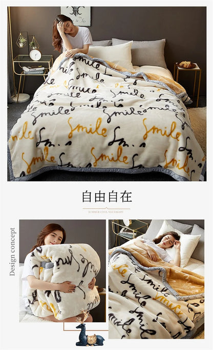 Double Sided Printed Autumn Winter Blankets for Bed Soft Warm Encrypted Flocking Raschel Blanket Skin Friendly Weighted Blanket