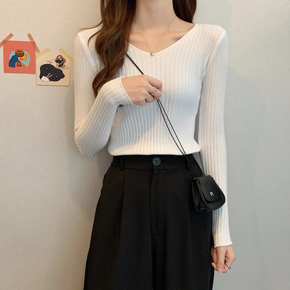 2025 einfarbig Schlank Pullover Koreanische Herbst Winter V-ausschnitt Pullover Mode Lässig Langarm Gestrickte Pullover Frauen Kleidung
