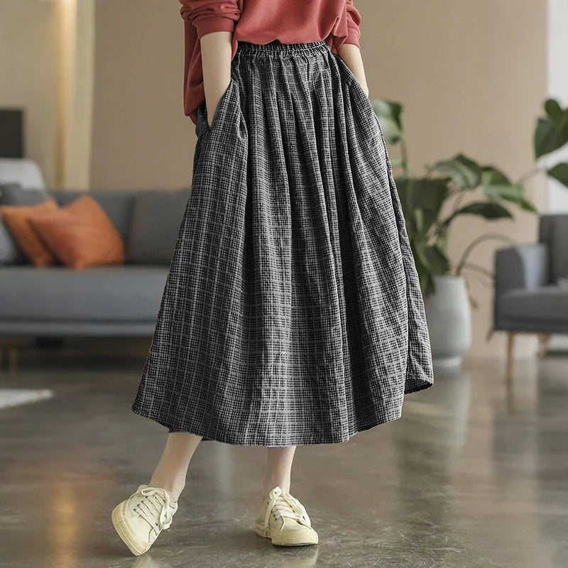 ZANZEA Women's Vintage Gingham Midi Skirts Casual Elastic Waist Gathered A-Line Skirt 2025 Autumn Woman Clothing Bottoms S-3XL.