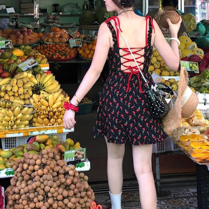 Koreanische Kleid Frauen Süße Bogen Bandage Ärmellose Backless Robe Femme Floral Mode Sommer Mini Kleider 2025, Vestidos De Mujer.