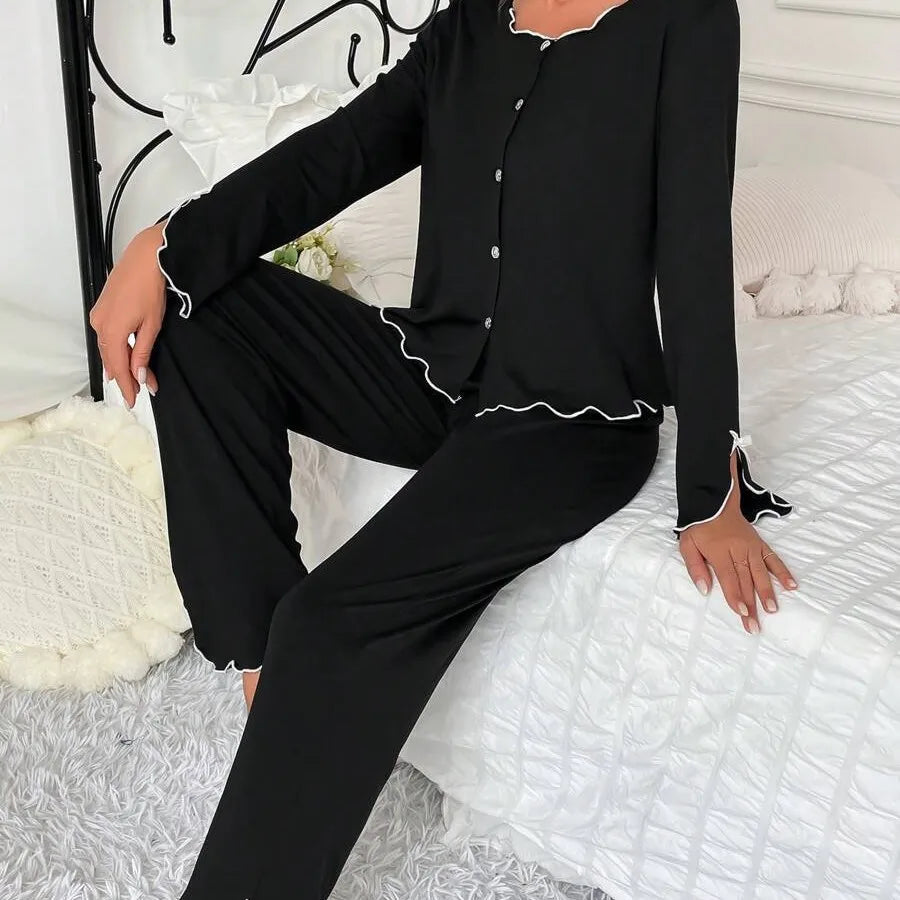 Europe hot-selling new pajamas black fungus edge long-sleeved trousers two-piece set comfortable high-end loungewear.