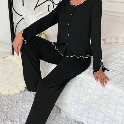 Europe hot-selling new pajamas black fungus edge long-sleeved trousers two-piece set comfortable high-end loungewear.