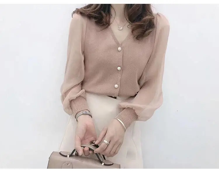 clothe Women's Spring Autumn Style Chiffon Blouses Shirt Women's Knitted Button Long Sleeve Solid Color Lace Patchwork Tops.