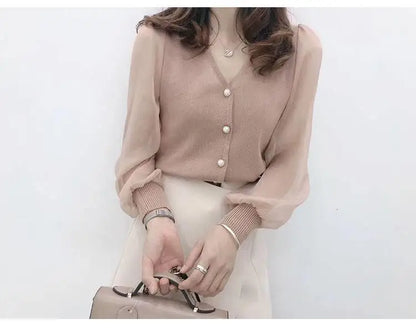 clothe Women's Spring Autumn Style Chiffon Blouses Shirt Women's Knitted Button Long Sleeve Solid Color Lace Patchwork Tops.