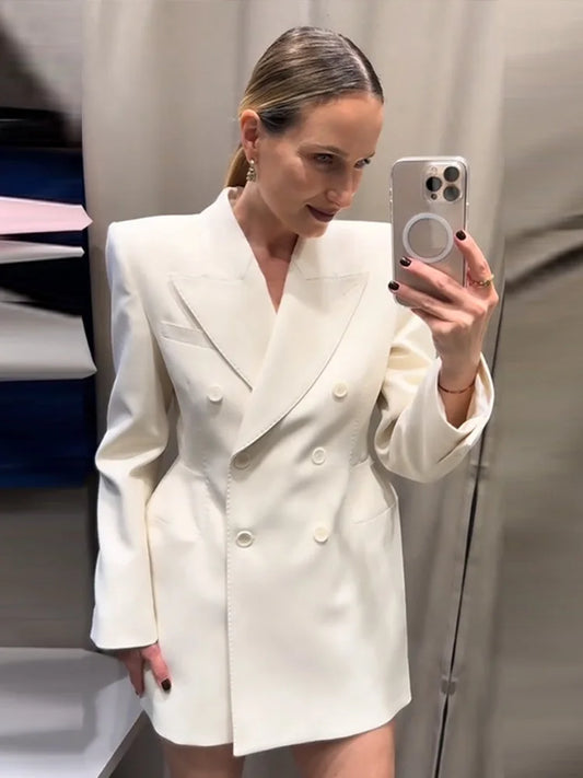 Elegante Zweireiher Blazer Mantel Frauen Schlank Revers Schulter Pads Langarm Jacke 2025, Herbst Büro Dame Pendeln Outer