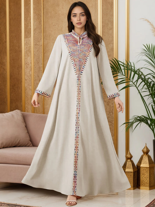 2025 New Luxury Muslim Abaya Off White Intricate Colorful Embroidery Detailing Ideal for Saudi Arabian Formal Gatherings Islam.