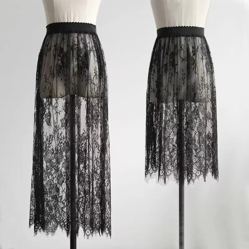 2 Length Elegant Black Skirt White Lace Transparent Long Tulle Skirt Ladies Elastic High Waist Beach Midi Skirt Drop shipping.