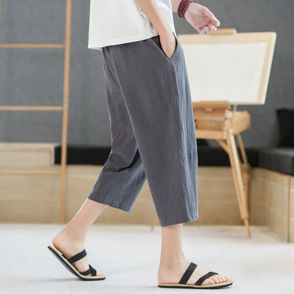 2025 new summer men's casual imitation linen seven quarter pants, thin solid color cut pants, fashionable hip-hop street sports.