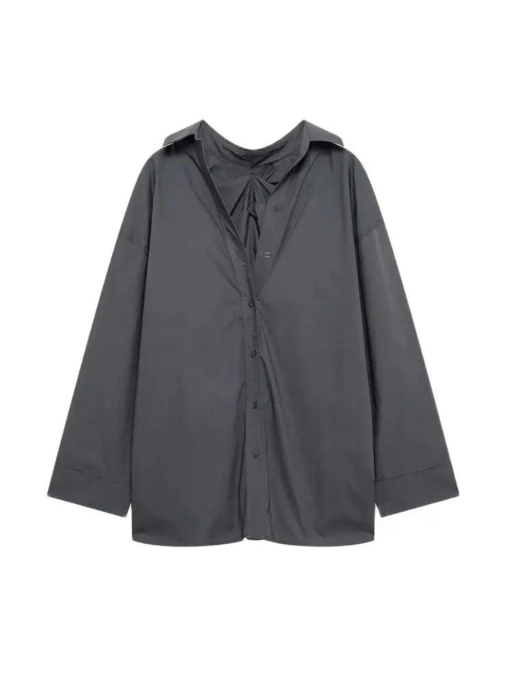 Oversized Pleated Back Shirts for Women, Long Sleeve, Button-up, Female Blouses, Chic Tops, Fashion.