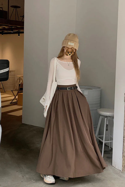 Qiukichonson Grey Midi Long Skirts Womens Maxi Skirt 2023 Autumn Winter Suit Skirt Goth Lolita High Waist Ruffle Pleated Skirts.