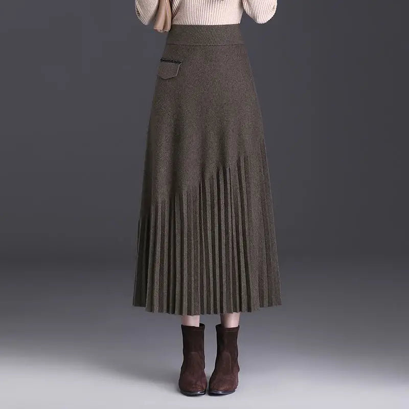Temperament Autumn Winter New Skirts Women Solid High Waist Pleated Fashion Office Lady A-line Mid-length Knitting Pleated Skirt.