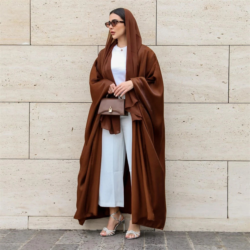 Ramadan Dubai Pink Satin Modest Open Butterfly Batwing Kimono Abaya Cardigan Islam Muslim Dress For Women Kebaya Robe Musulmane