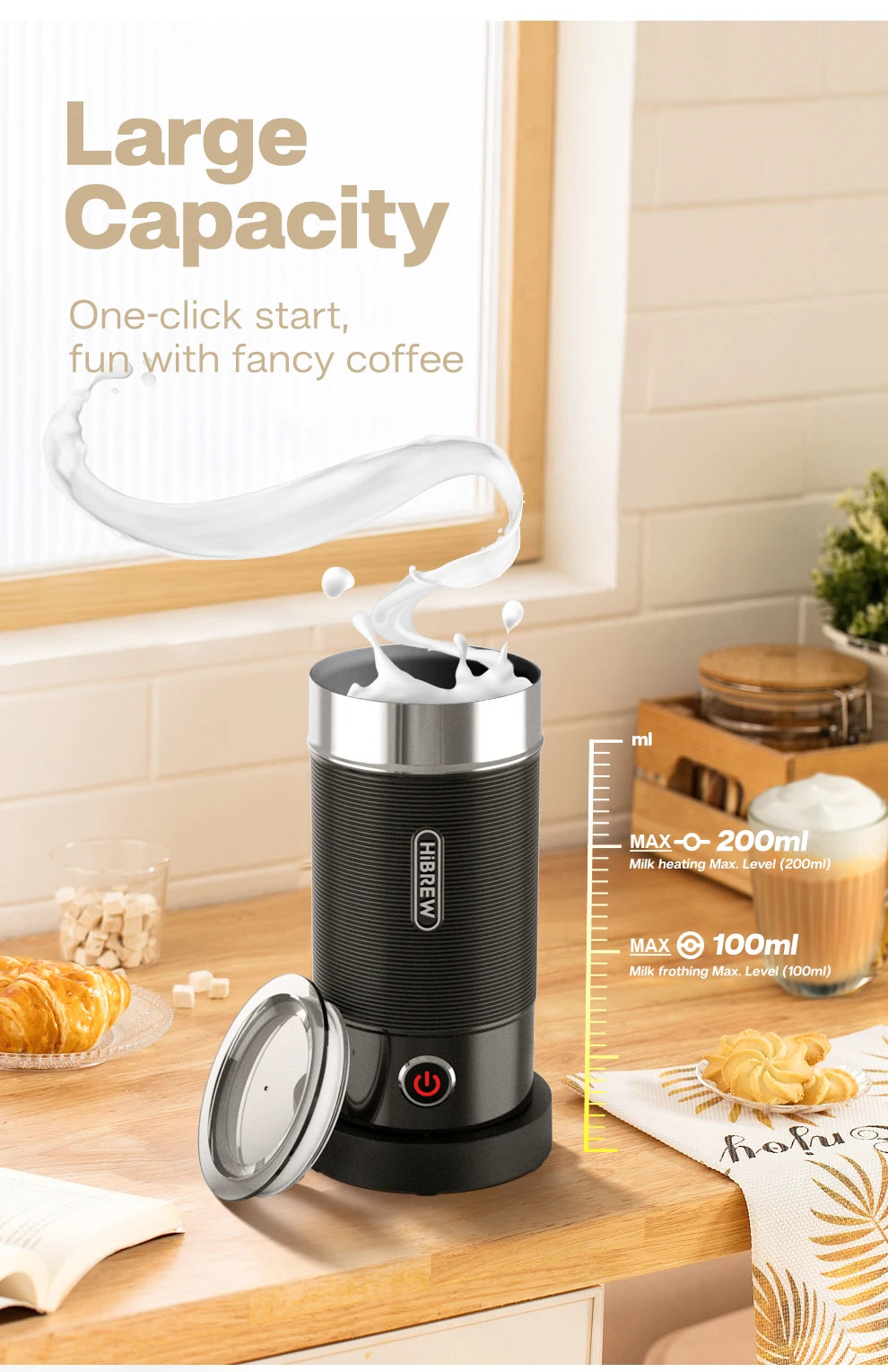 HiBREW Milk Frother Frothing Foamer Chocolate Mixer Cold/Hot Latte Cappuccino fully automatic Milk Warmer Cool Touch M1A.