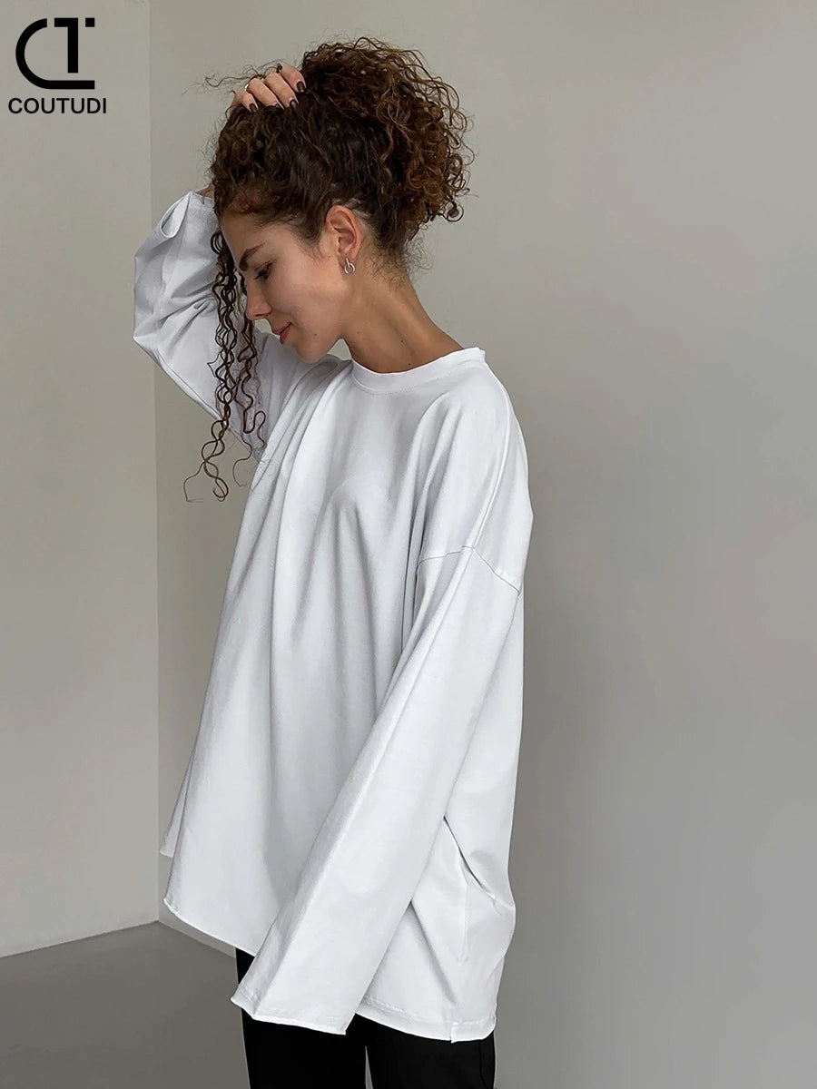 COUTUDI-Oversized T-Shirt for Women, Loose Pullover,Long Sleeve, Casual 100% Cotton Tee Shirt, Lady Tops, Korean Streetwears.