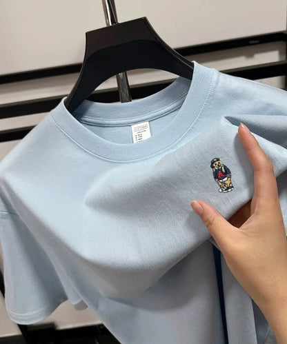 Light luxury 100% cotton men's T-shirt short sleeve round neck skin friendly comfort fashion brand cartoon bear embroidered top