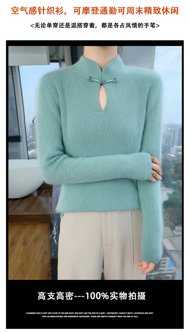 2024 autumn winter new 100% mink cashmere sweater women's pullover slim-fit long sleeve solid color stand collar bottom knitwear.