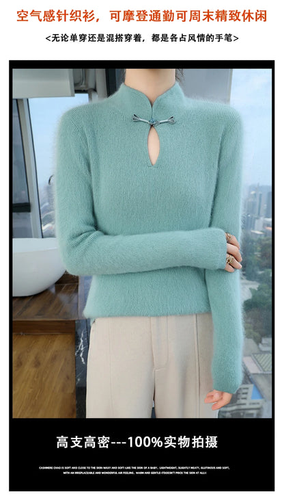 2024 autumn winter new 100% mink cashmere sweater women's pullover slim-fit long sleeve solid color stand collar bottom knitwear.