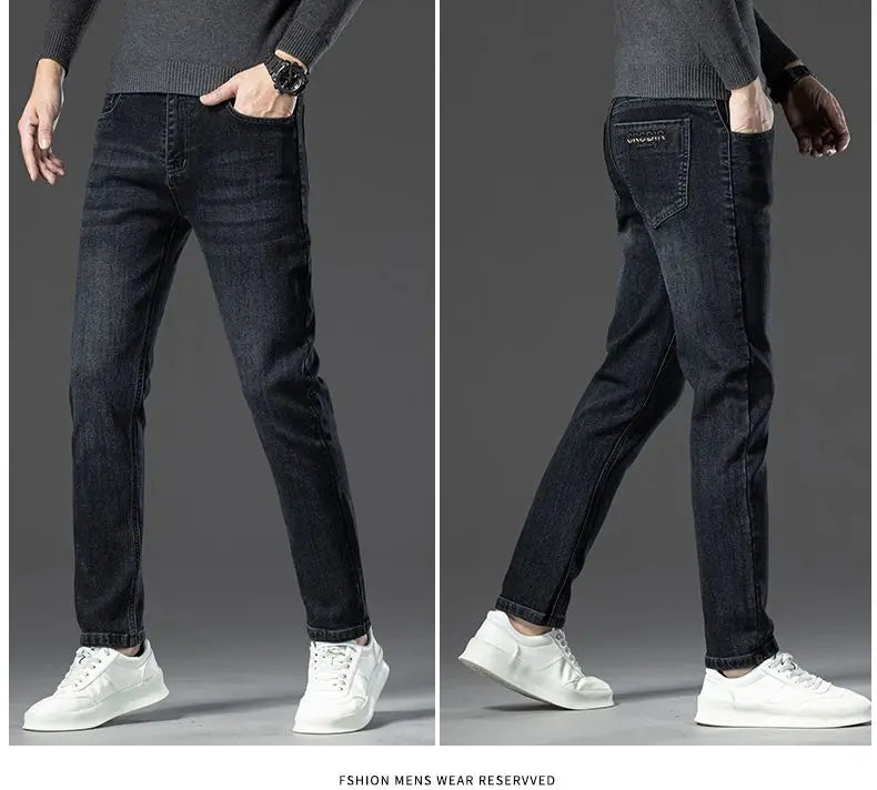 Autumn New Men's Business Jeans High Elasticity Straight Denim Trousers Men's Pants Work Clothes Haze Blue Black Gray Brand.