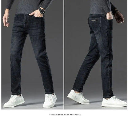 Autumn New Men's Business Jeans High Elasticity Straight Denim Trousers Men's Pants Work Clothes Haze Blue Black Gray Brand.