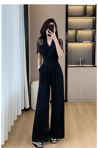 V-neck Solid Office Jumpsuit Women Elegant High Waist Wide Leg Pants Overall 2025 Fashion Slim Hollow Solid Color Romper.