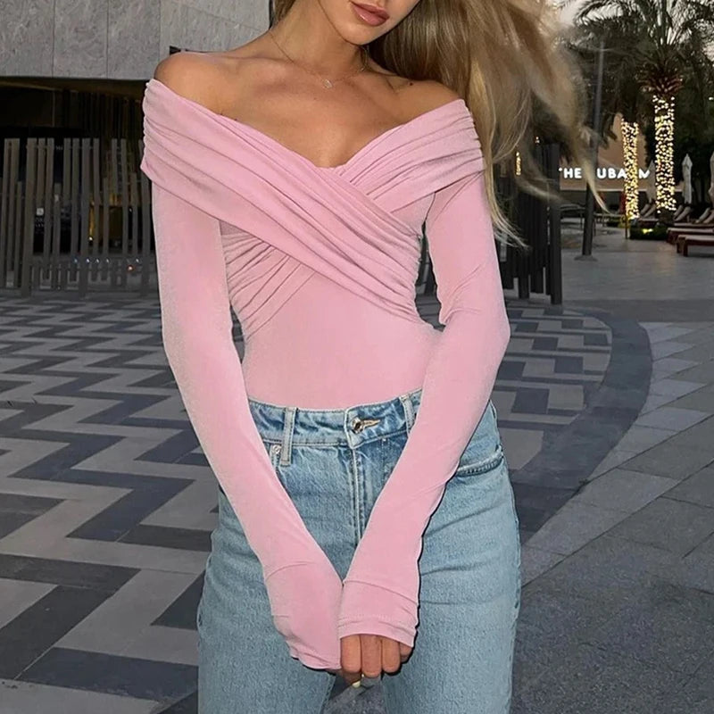Y2K Women Sexy Off Shoulder Bodysuit Solid Color Long Sleeve Skinny Romper Crossed Folds Fashion Streetwear Autumn