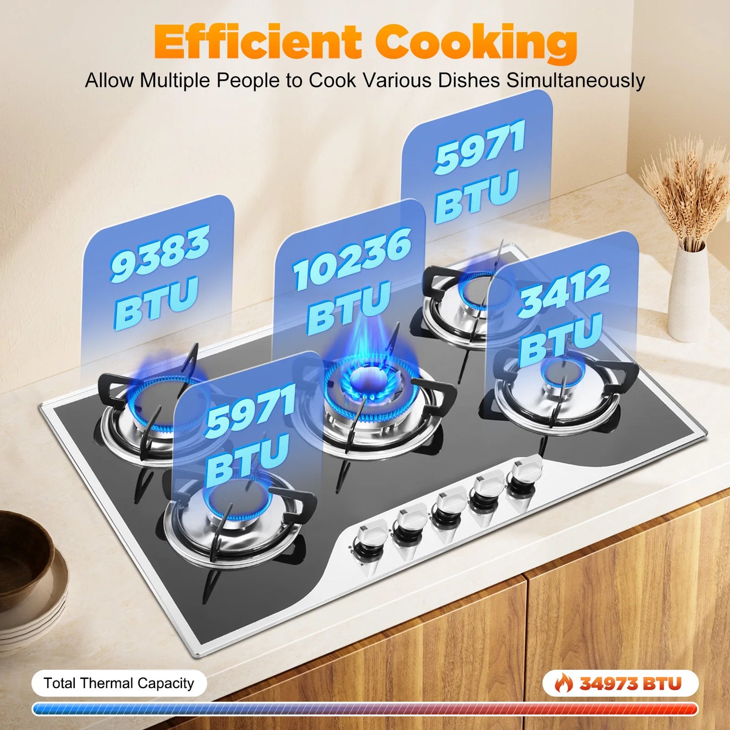 ﻿ ﻿ 5 Burner Gas Stove Glass 5-Burner Gas Hob Cooktop Hob LPG/NG for Home Commercial Kitchen.