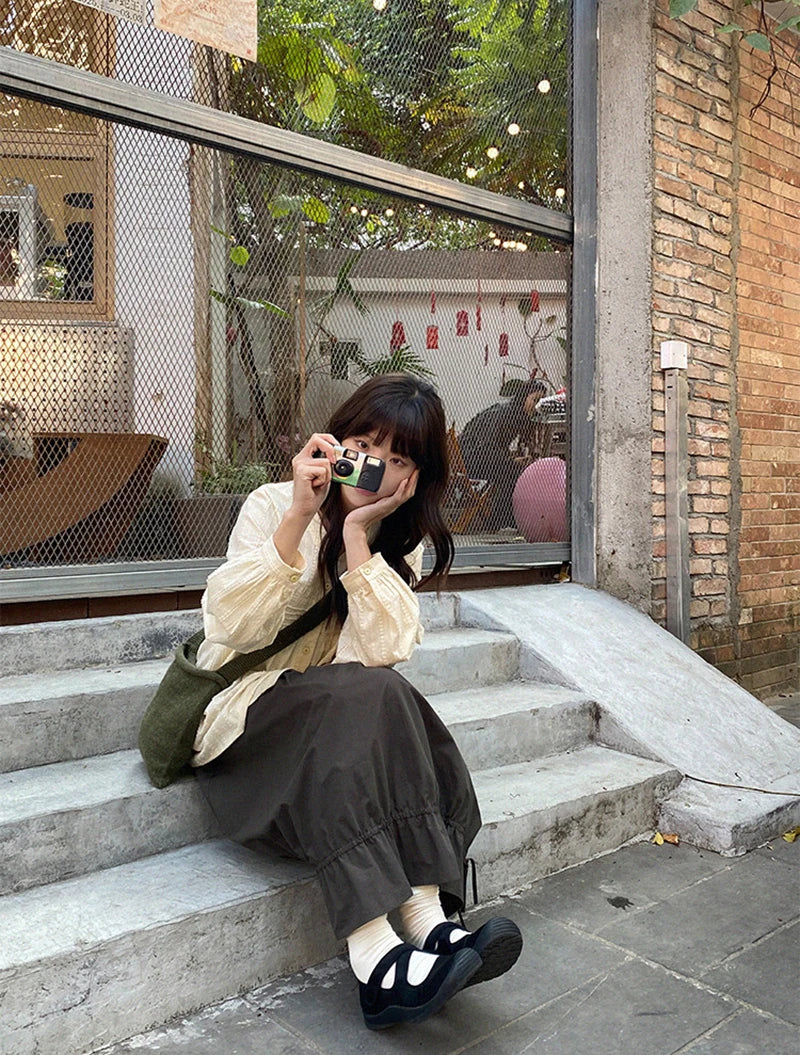 Vintage Black Midi Skirt Women Japanese Harajuku Drawstring Bud Skirts Summer Streetwear Korean Casual Design A Line Faldas New