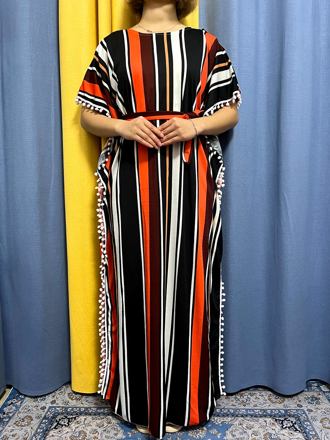 Abayas For Women 2024 Printed Vertical Stripe Tassels Elasticity Loose Fit Femme Robe African Woman Dresses With Belt Headscarf.