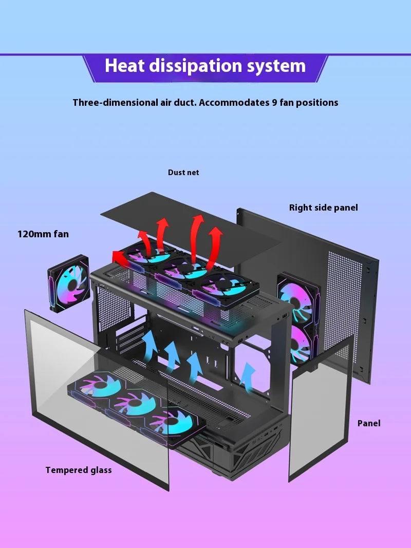 Power Train N5 MATX desktop room with a column-free sea view features a glass side computer case supports 360 water cooling.