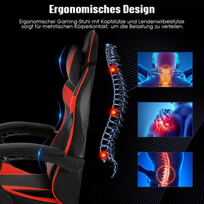 Bürostuhl Ergonomisch Gaming Stuhl Massage Gaming Sessel mit Kopfstütze Massage-Lendenkissen, Gepolstert Gaming Chair, Drehsessel,150kg Kapazität,Schwarz Rot